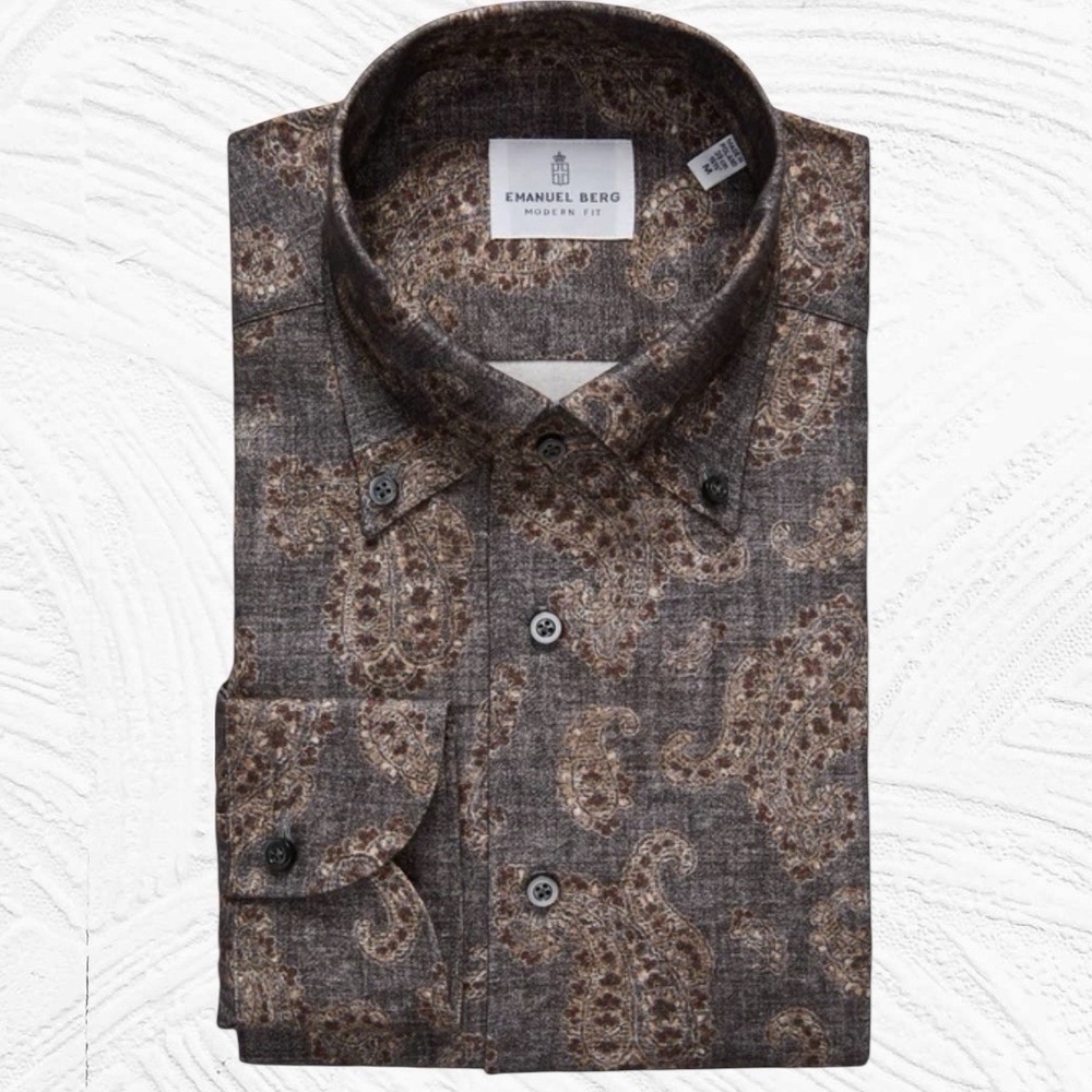 EMANUEL BERG $328 FLANNEL Shirt Men XL 17.5 EU 44 Grey Brown Paisley NWT